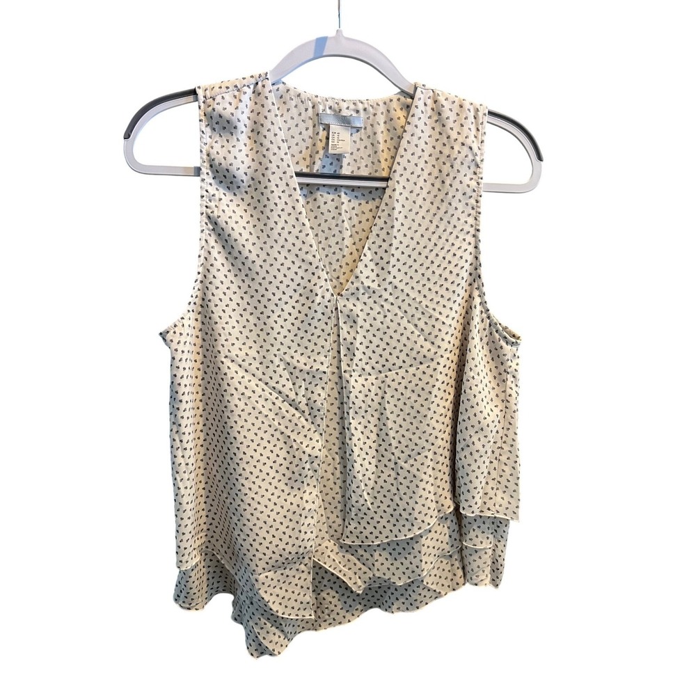 HM Womens Sleeveless V-Neck Tiered Blouse Ivory Black Abstract Print Size 10